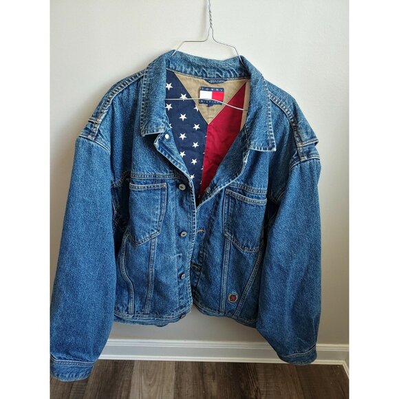 Vintage Tommy Hilfiger jean jacket flag lined Red White Blue size XL - Picture 1 of 6